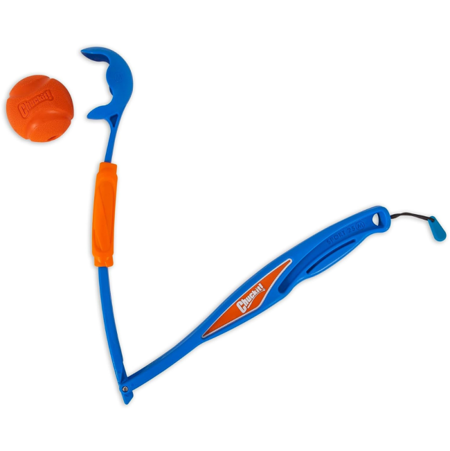 Chuckit! Fetch & Fold Ball Launcher half folded with orange ball