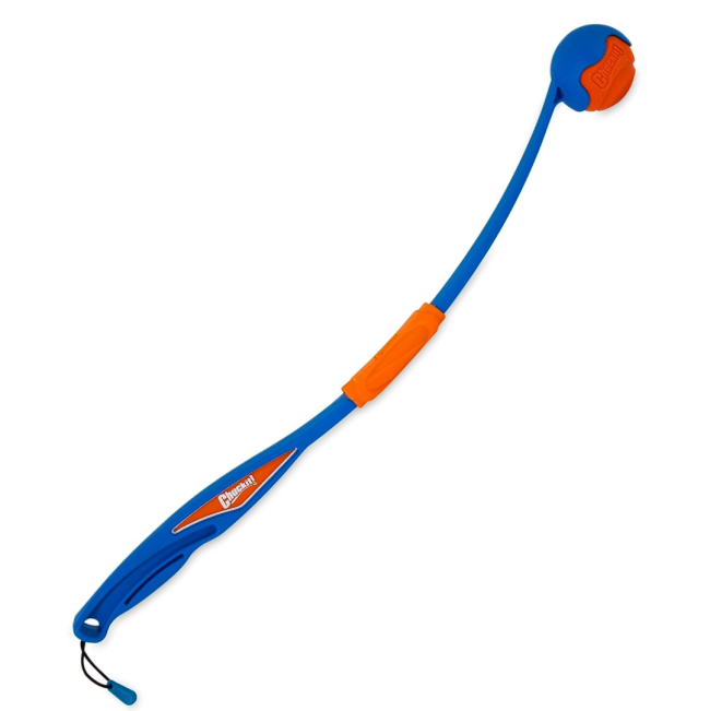Chuckit! Fetch & Fold Ball Launcher extended fully with orange ball