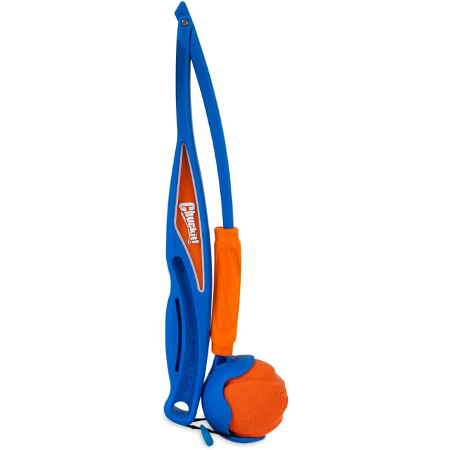 Chuckit! Fetch & Fold Ball Launcher side profile view with orange ball