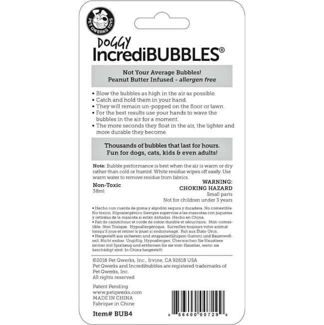 Pet Qwerks Doggy Peanut Butter IncrediBubbles back of packaging