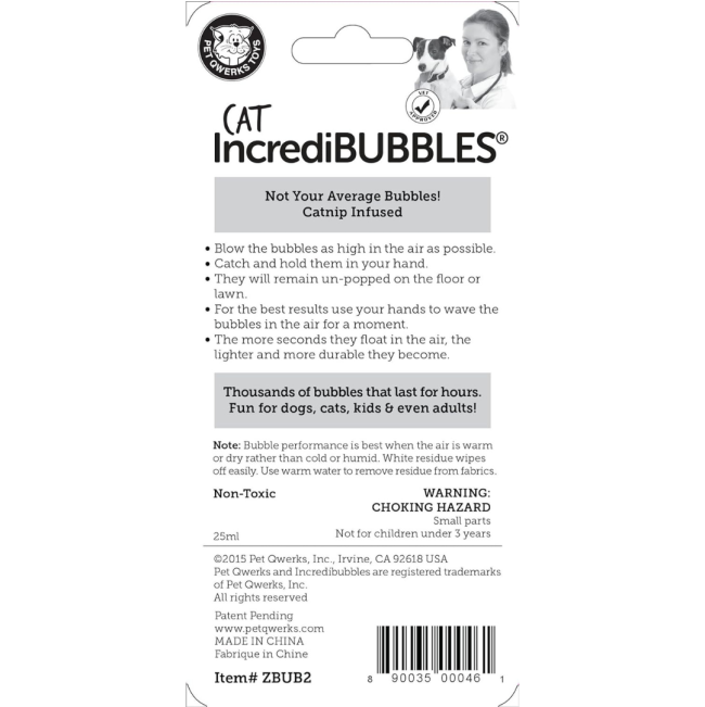 Pet Qwerks Kitty Catnip IncrediBubbles back of packaging