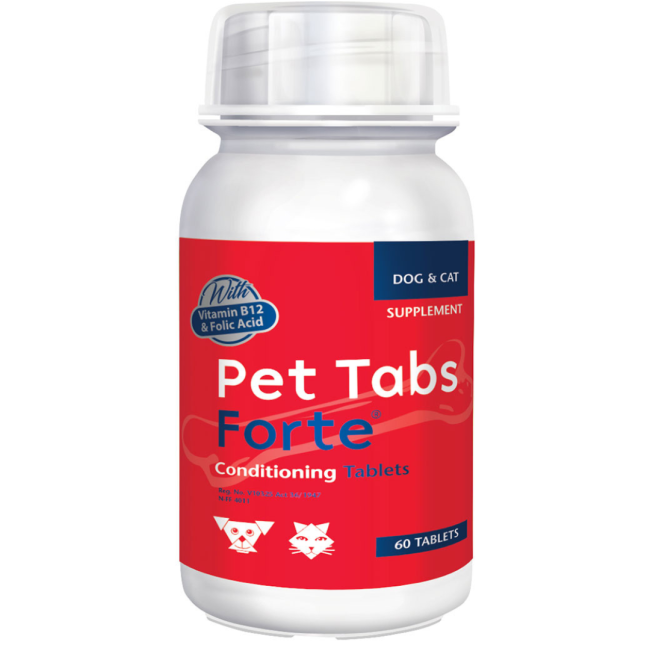 Pet Tabs Forte Advanced bottle with red label