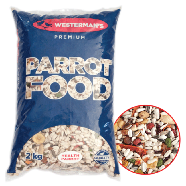 Westermans Bird Parrot Healthy Mix with food in bubble next to package