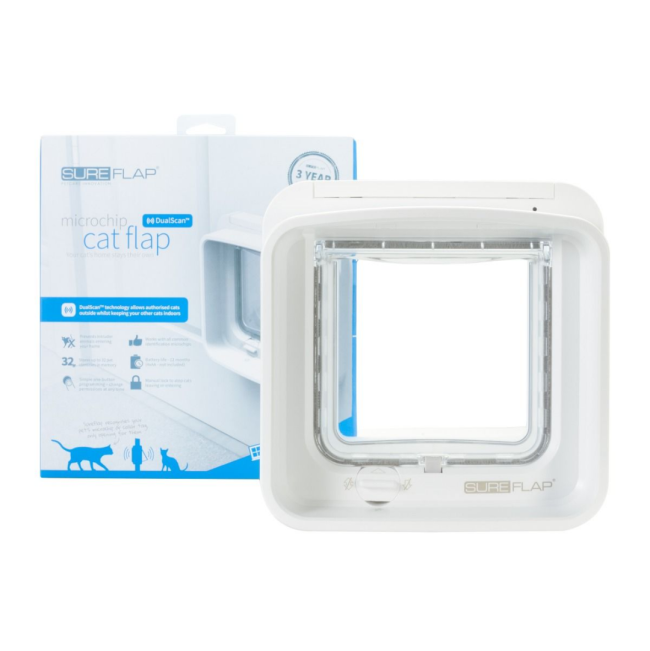 Sureflap Microchip Dualscan Cat Flap white option next to carton box