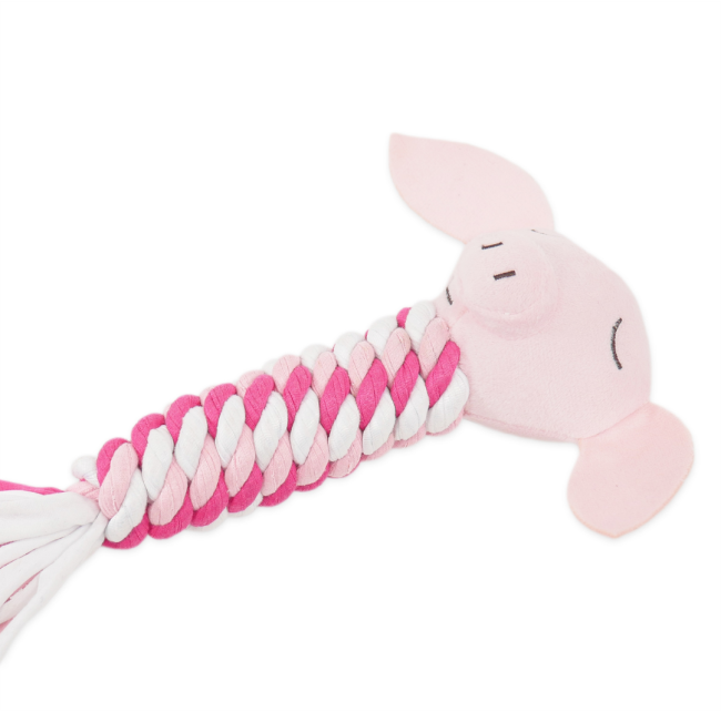 Pig In Blanket Rope Cat Toy with pink white and dark pink rope