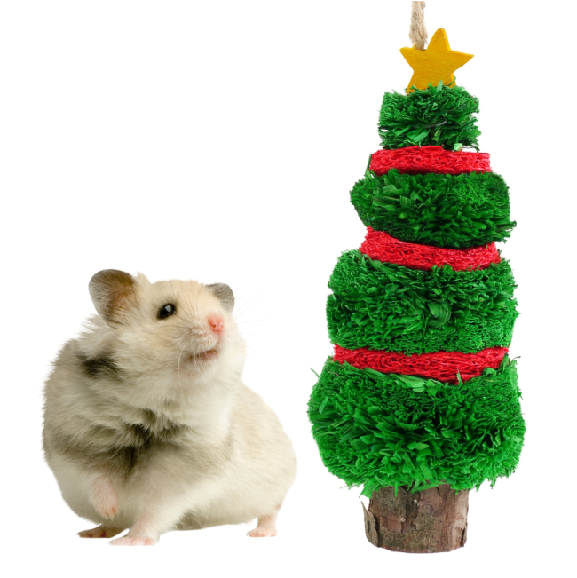 Christmas Nibble & Gnaw Tree For Small Pets with white hamster