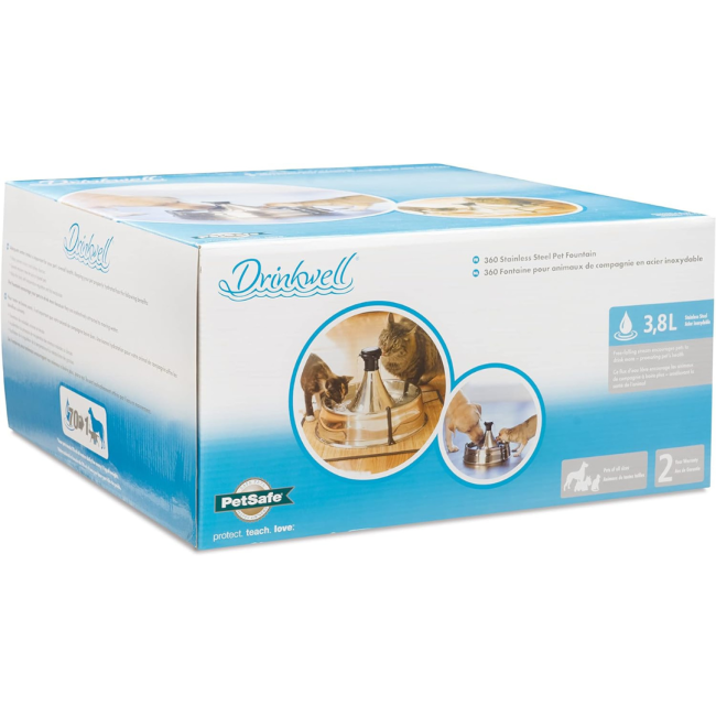 Drinkwell 360° Stainless Steel Pet Fountain – 3.8L in packaging