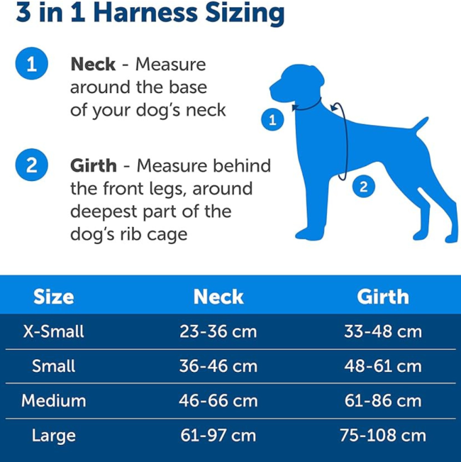 PetSafe® 3 in 1™ Harness and Car Restraint size chart