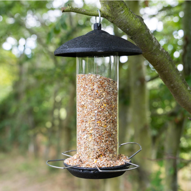 Gardman Black Metal Birdfeeder with seed in clear chamber