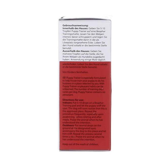 Beaphar Dog Puppy Trainer Drops side of packaging on the box