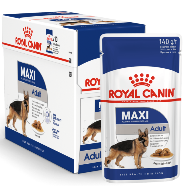 Navy blue and white Royal Canin Maxi Adult Wet Dog Food