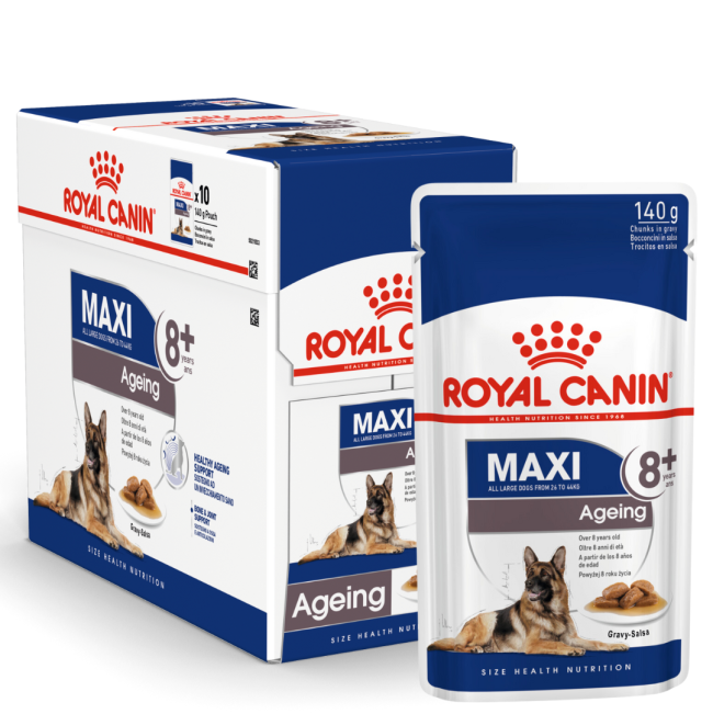Navy blue & white pouch of Royal Canin Maxi Ageing Wet Dog Food