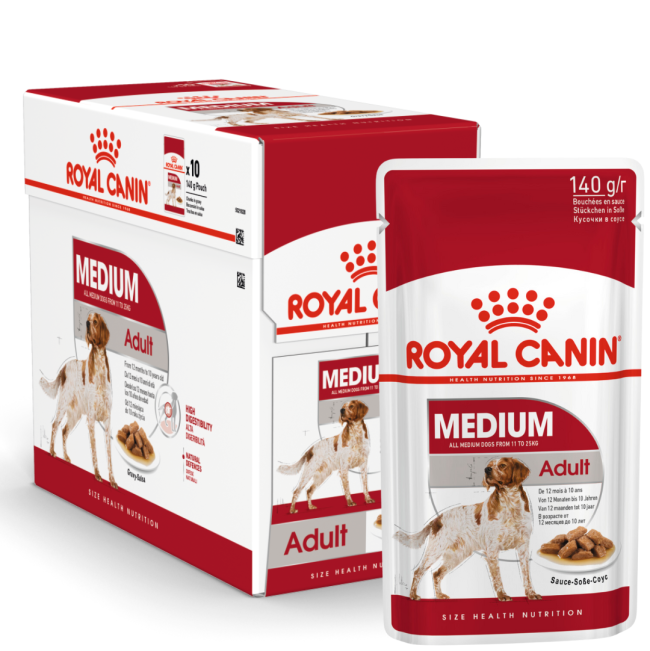 Red & white pouch of Royal Canin Medium Adult Wet Dog Food