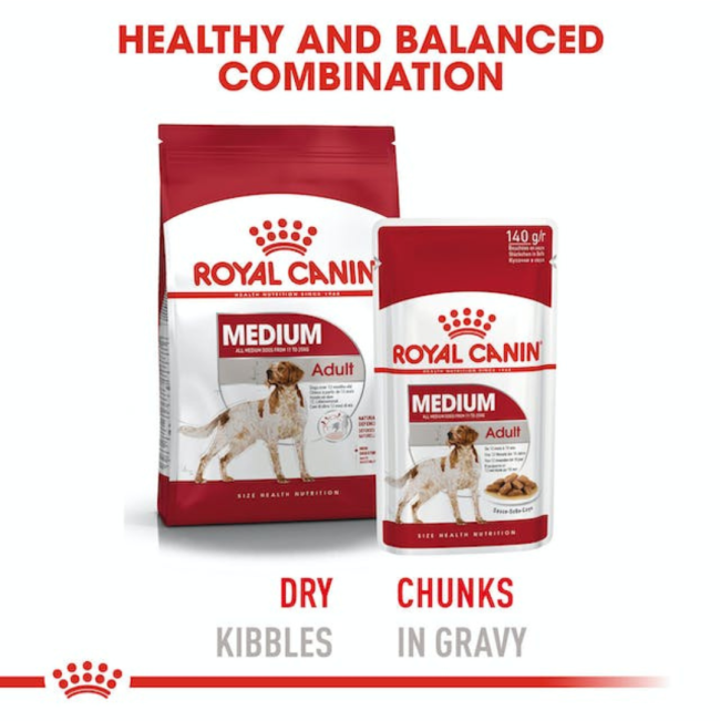 Royal Canin Medium Adult Wet Dog Food combination with dry pellets