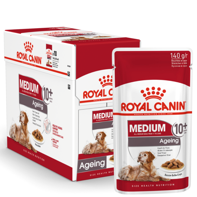 Red &amp; white pouch of Royal Canin Medium Ageing Wet Dog Food