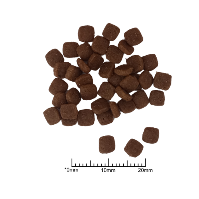 Purina Pro Plan Small/Mini Breed Adult Dog Food pellets to scale