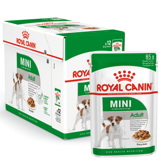 Green & white pouch of Royal Canin Mini Adult Wet Dog Food