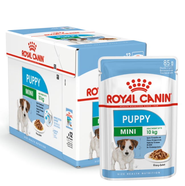 Light blue & white pouch of Royal Canin Mini Puppy Wet Food