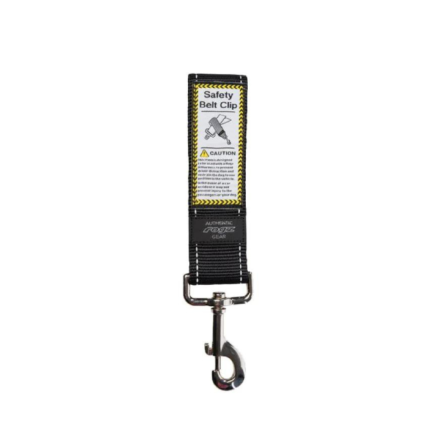 Black safety clip for dogs, compatible with rogs h-harness only, keeps dogs safe in the car