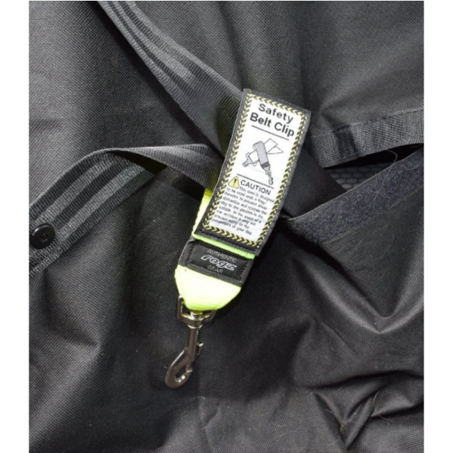 Rogz Safety Belt Clip for H-Harness attached to seatbelt