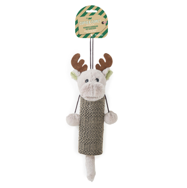 Reindeer Cardboard Cat Scratcher with cardboard center and plush reindeer face