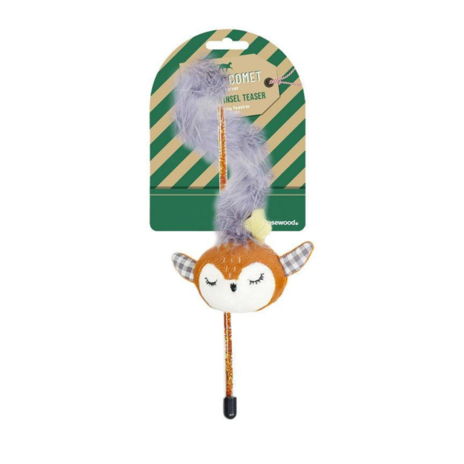 Reindeer Tinsel Cat Wand with gold glitter wand, with grey rope and reindeer face