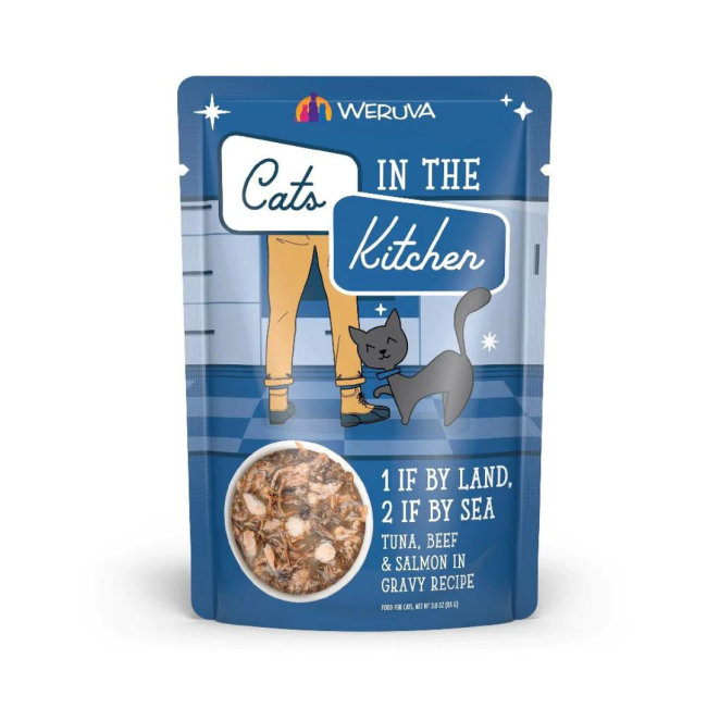Blue pouch of Weruva 1 if by land 2 if by sea cat food