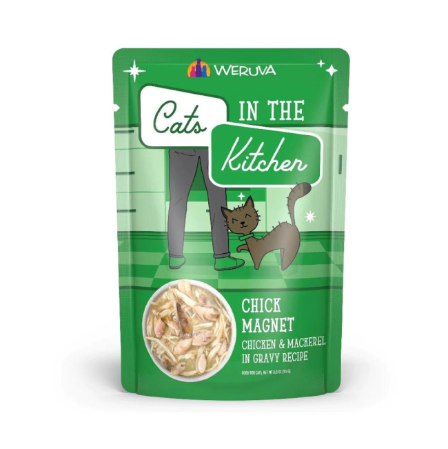 Green pouch of Weruva Chick Magnet wet cat food