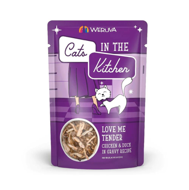 Purple pouch of Weruva love me tender wet cat food