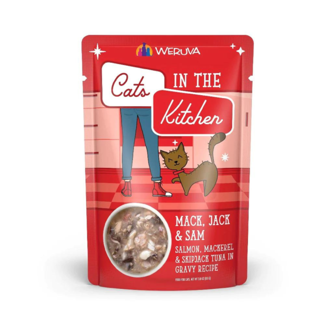 Red pouch of Weruva Mack, Jack & Sam Wet Cat Food