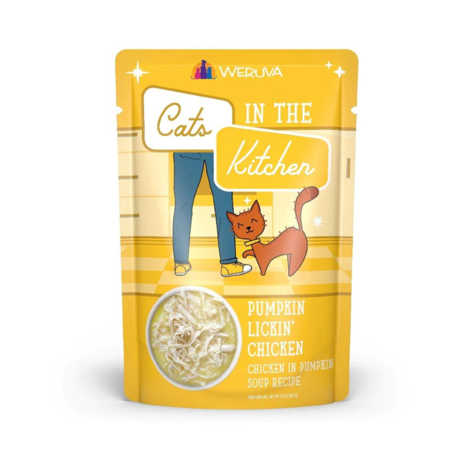 Yellow pouch of Pumpkin lickin chicken for cats