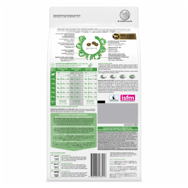 Purina Pro-plan Weight Loss Sterilized Dry Adult Cat Food Back of packaging