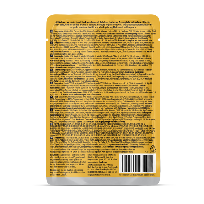 Back of pouch of naturo adult cat chicken pate pouch