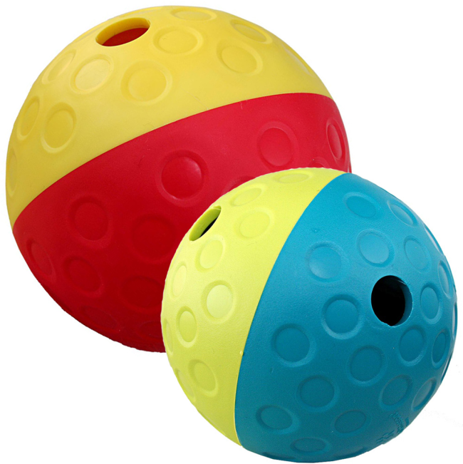Group shot of pink and yellow and blue and yellow ball treat dog toys
