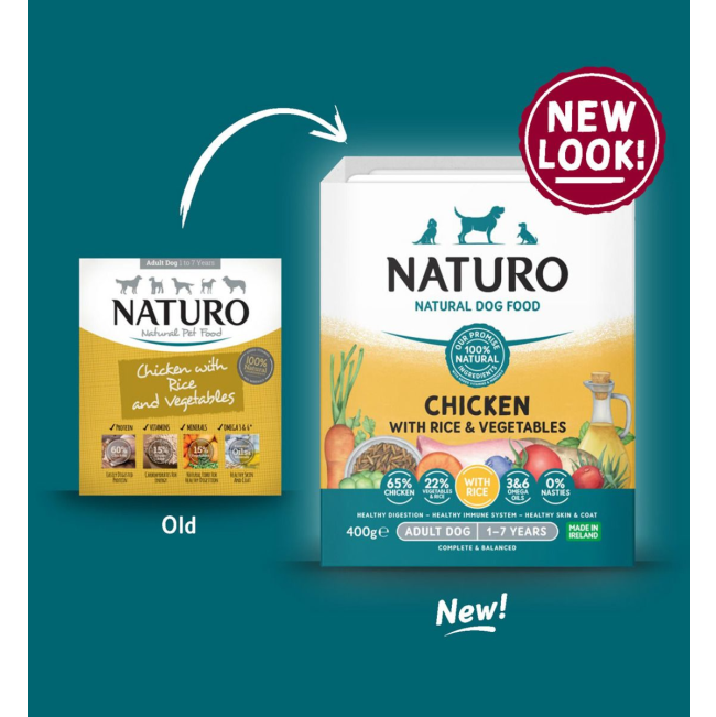 image of Old and new pack of Naturo Chicken with Rice and Veg dog food 400g tray