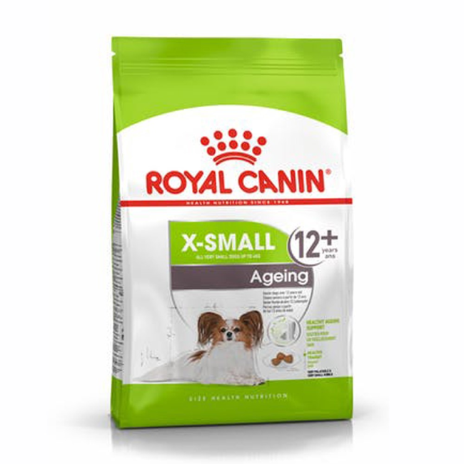 Lime green & white bag of Royal canin mini ageing 12+ dog food