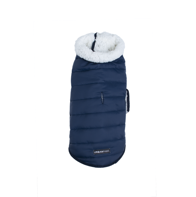 Back of navy quilted dog jacket