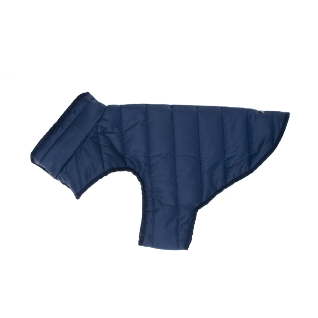 Side view of navy quilted dog puffer jacket