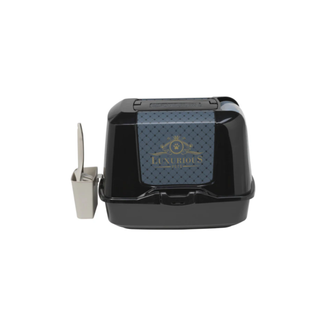 Black and blue trendy Cat toilet caddy with handy max attached at the back