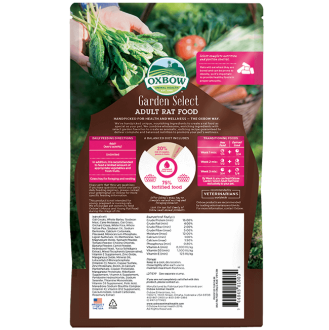 Back of bag of Oxbow Garden Select Adult Rat Food