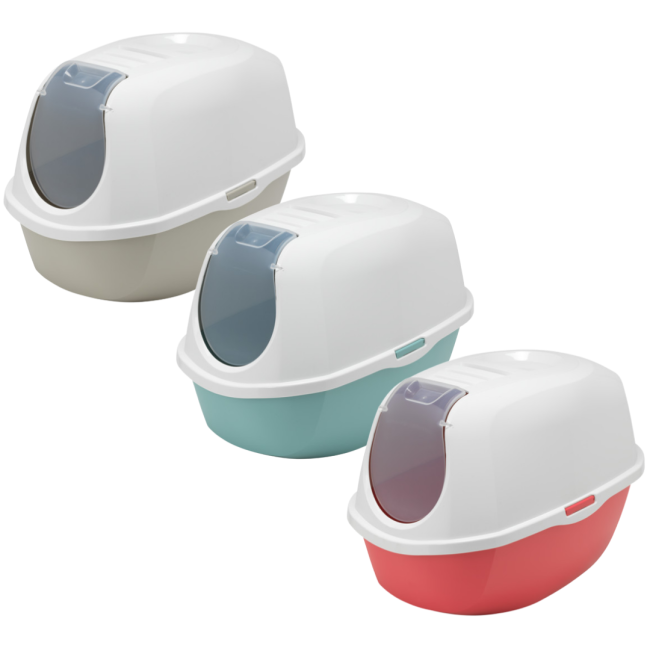 Group shot of 3 colours of closed cat toilets