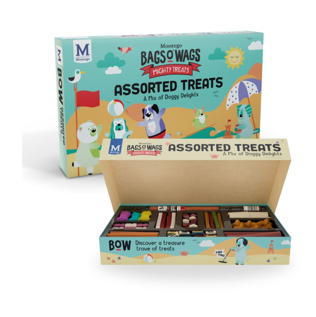 Bags O Wags Assorted Treat Box displaying multiple treats inside
