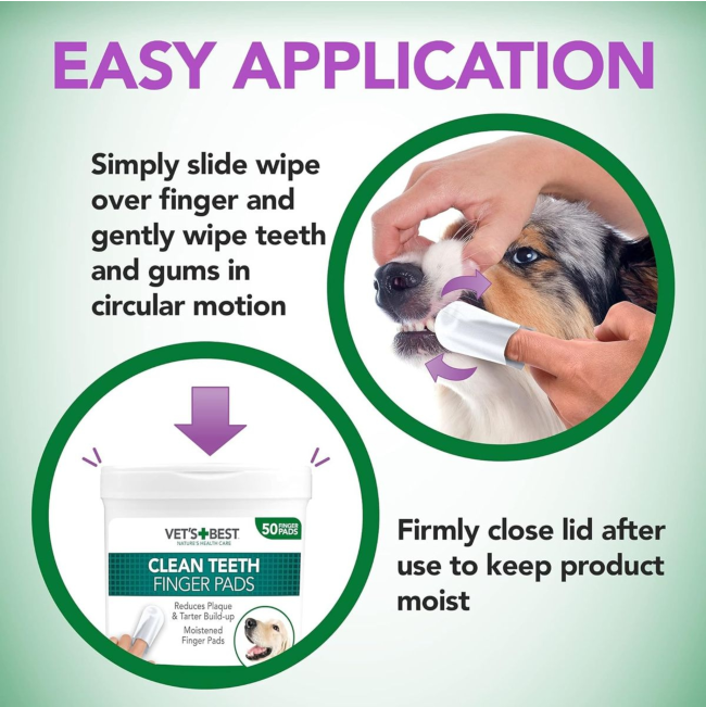 Vet's Best dental wipes with product image and dog's gums being wiped