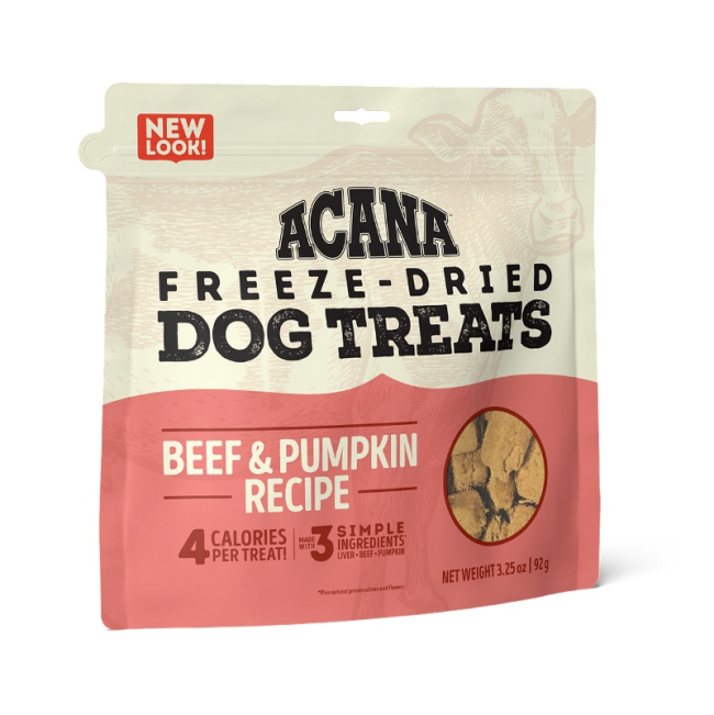 Salmon coloured bag of Acana Beef & Pumpkin Dog Treats