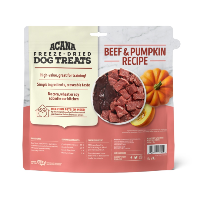 Salmon coloured bag of Acana Beef & Pumpkin Dog Treats back of bag