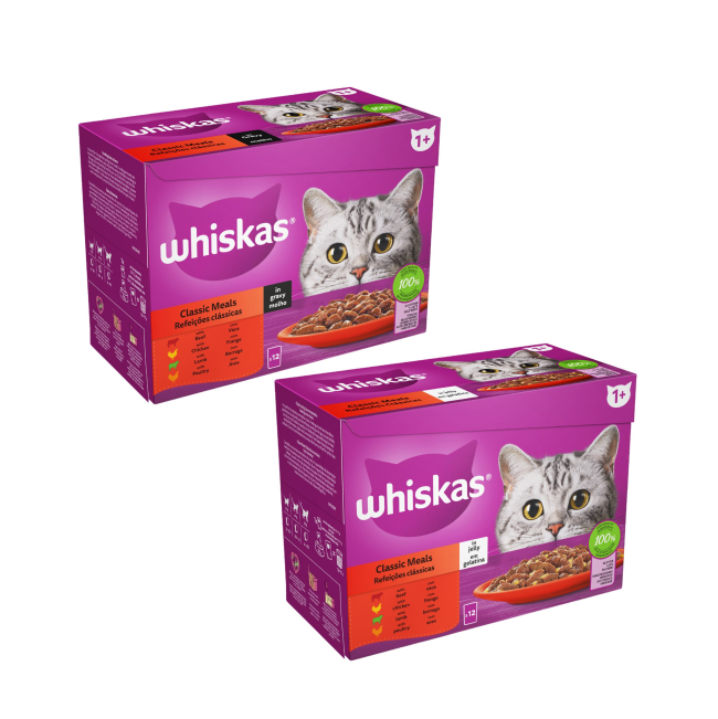 Whiskas Wet Adult Cat Food - Classic Meals pack of boxes both jelly and gravy