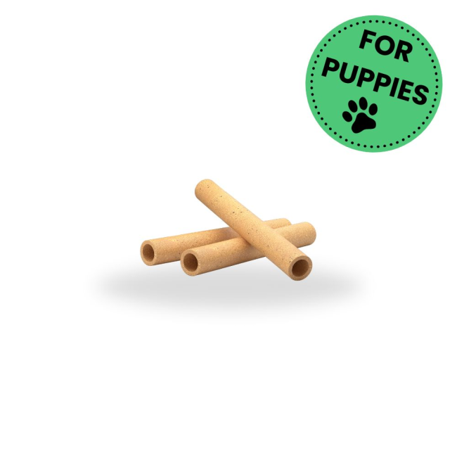 dental tube treats with "for puppies" sticker