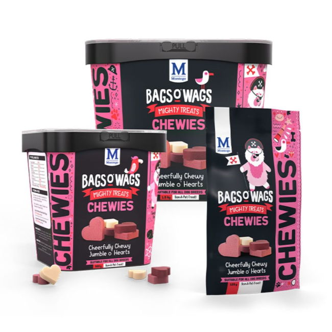Bags O Wags Hearts Chewies Dog Treats group shot showing all variants