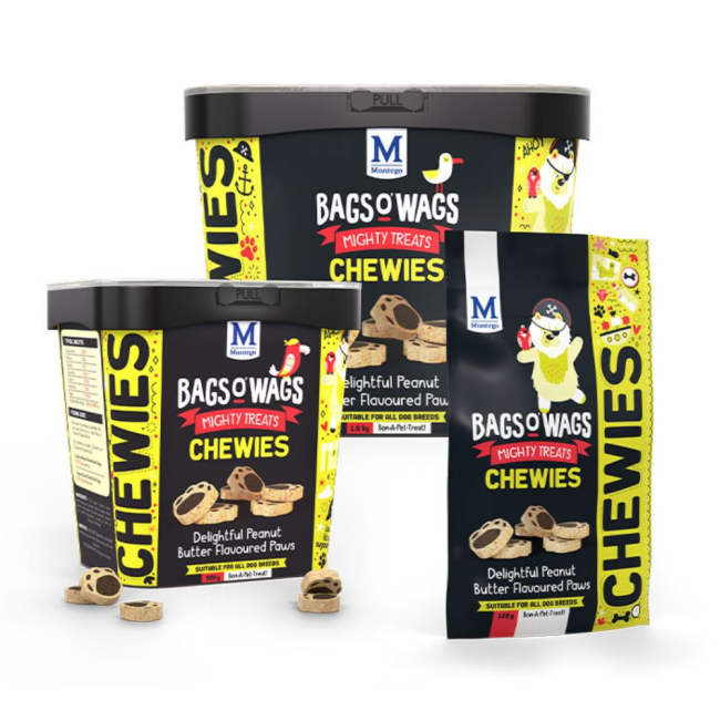 Peanut Butter Dog Chews doggie shaped paw print semi-moist chews in packaging