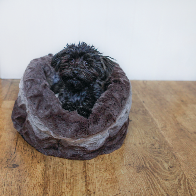 Snuggle Plush Pet Bed - Grey & Cream lifestyle with dog